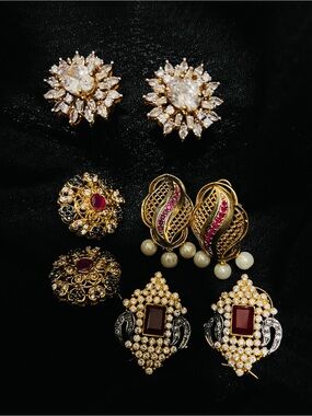 Gold-Tone Multi-Style Women's Earring Set with White, Red and Pearl Accents
